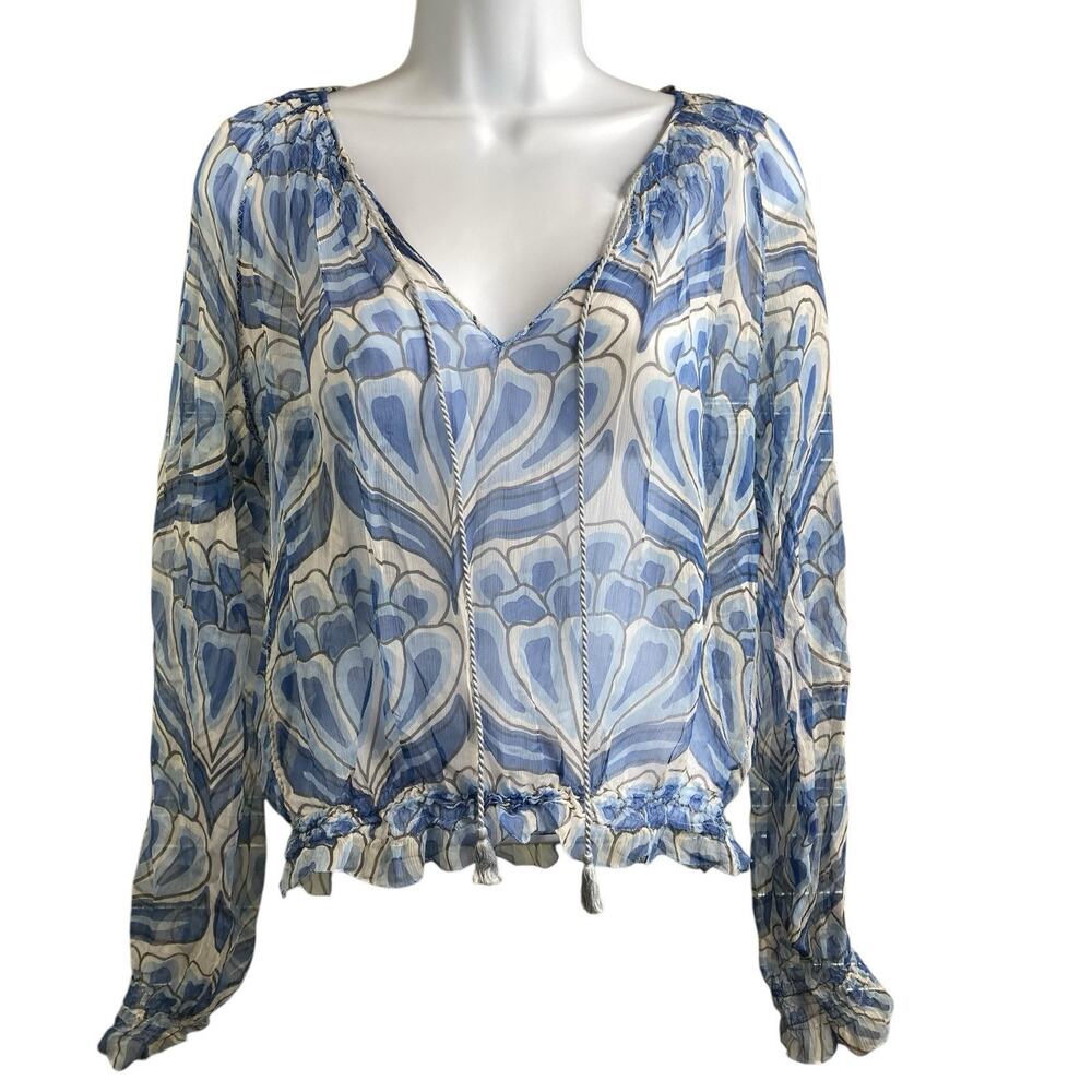 Kulson Women's‎ Blue Modern Floral Print Peasant Boho Top Est. Size M Artsy